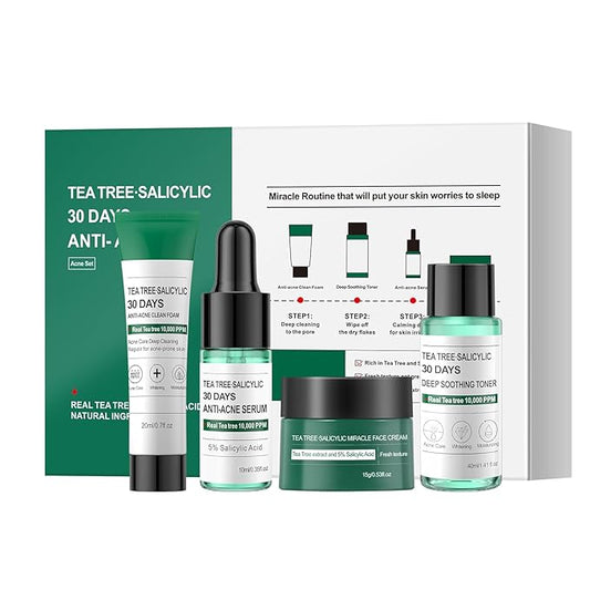 Tea Tree Salicylic Acid Facial Skin Care Set, Travel Size Set Cystic Hormonal Acne Treatment Face Wash Cleanser, Facial Toner Cream Moisturizer Travel Essentials for Pimple