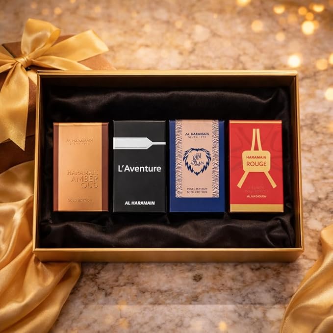 Al Haramain Fragrance Discovery Set for Men & Women – 4×10ml Each, (Amber Oud Gold Edition + L'aventure + Azlan Oud Amber Edition + Blanche)