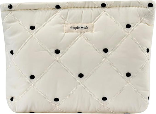 uekeboag White Quilted Cotton Makeup Pouch,Coquette Quilted Toiletry Bag for Women and Girls, Floral Coquette Organizer Bag, Aesthetic Travel Cosmetic Bags(01White Dots)