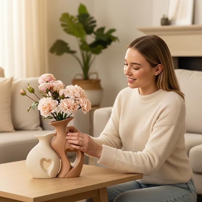 Beige and Brown Ceramic Vase Set of 2，Heart Shaped Home Decor | Nordic, Modern, Table Centerpiece Dining Living Room Office Coffee Table Wedding House Decoration, H 8.5 Inches