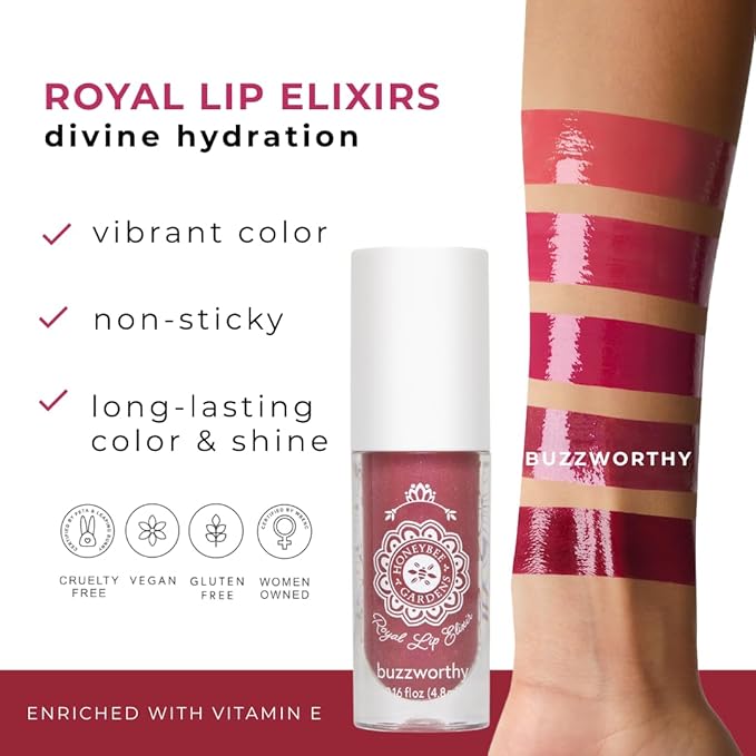 Honeybee Gardens Royal Lip Elixir Buzzworthy, Hydrating and Non-Sticky Liquid Lip Color, Vegan, Cruelty-Free Beauty