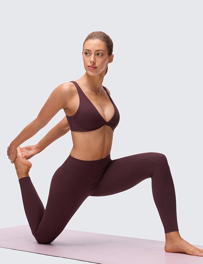 CRZ YOGA Butterluxe Front Twist Deep V Neck Sports Bras for Women - Wide Straps Padded U Back Yoga Crop Top