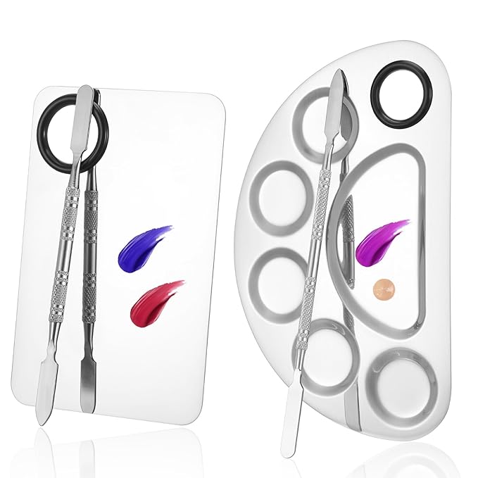 2 Set Metal Makeup Mixing Palette with Spatula, Professional Stainless Steel Square and Fan Makeup Palette Reusable Beauty Tools Cosmetic Artist Tool for Foundation Mix, Facial Cosmetic,Nail Art