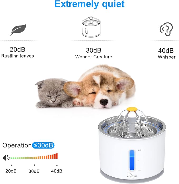 Wonder Creature Cat Water Fountain Stainless Steel Lid with 4 Filters, 81oz | 2.4L Pet Fountain with 4 Filters, 4 Sponges, Quiet Pump, Water Level Window, Stainless Steel Lid for Cats and Dogs
