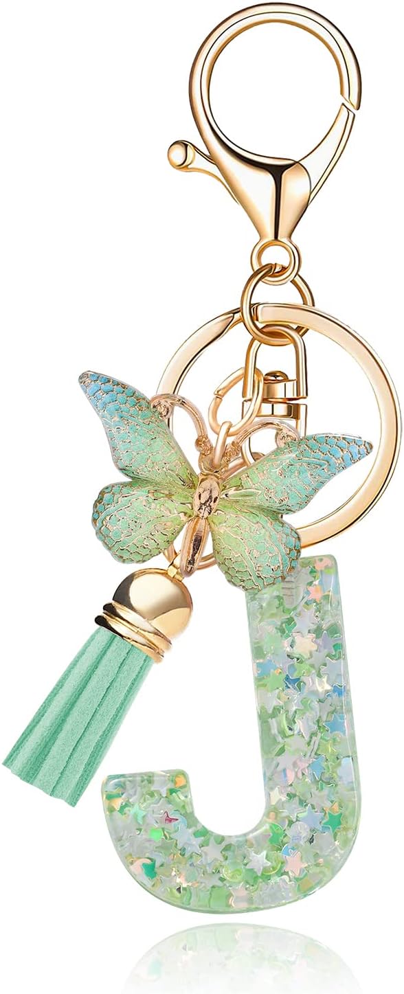 Fashion Alphabet Initial Letter Keychain Tassel Butterfly Pendant Key Ring for Purse Handbags Women Girl