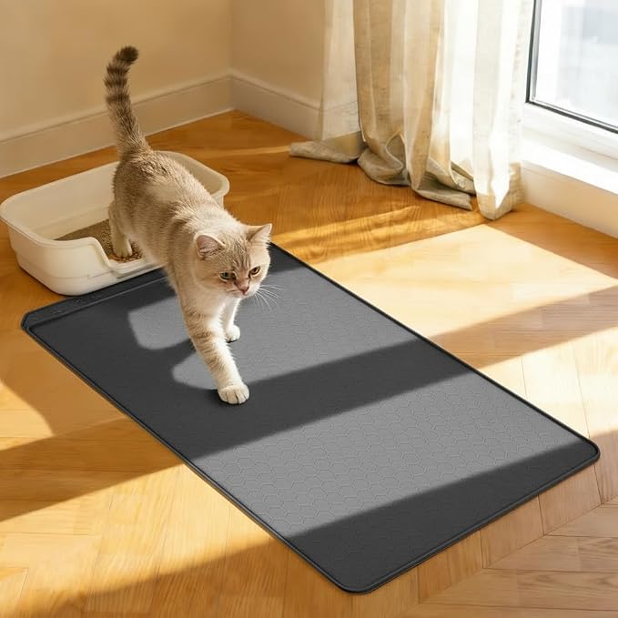 Extra Large Cat Litter Box Mat 34" x 22" – Waterproof Silicone Litter Trapper, Non-Slip, Easy to Clean Floor Protector, Soft on Kitty Paws(Dark Gray)