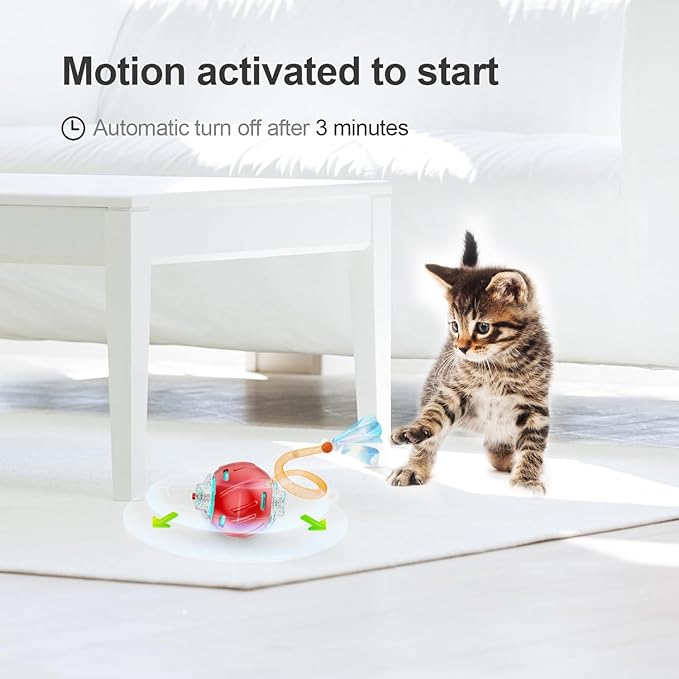Jkanti Interactive Cat Toys for Indoor Cats,The 3rd Generation Agile Moving Cat Ball with Elastic Mesh Tail,Automatic Kitten Toys for Bored Indoor Cats (Red)