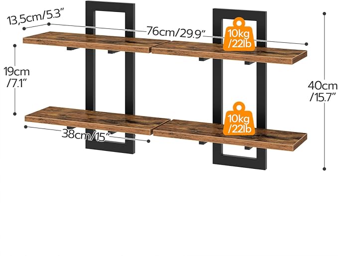 HOOBRO Floating Shelves for Wall, 15" Wall Shelf Set of 2, Wall Mounted Storage Shelves 2-Tier, Hanging Bathroom Shelves, for Living Room, Bedroom, Bathroom, Kitchen, Rustic Brown and Black BF32BJ01G1