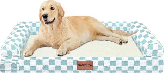Orthopedic Dog Bed for Large Dogs, 36 x 27 Inch, Green Grid | Egg crate foam for joint support, 3-sided bolster pet sofa, waterproof lining, washable cover, and non-skid base