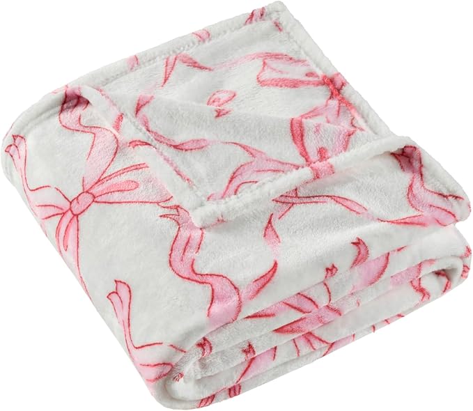Pink Bow Twin Blanket – 60x80 Inch Soft Fleece Blanket for Girls and Women, Coquette Aesthetic Room Decor for Bed, Couch, Chair, Preppy Bedroom or Gift, Cute Pink Bow Decor Blanket