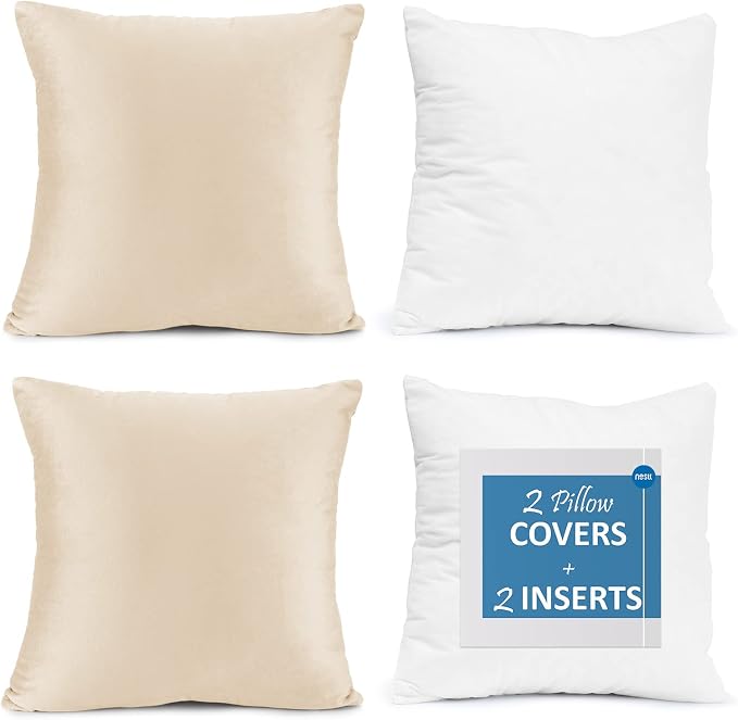 Throw Pillow Inserts Pack of 2 with Velvet Soft Solid Decorative Square Throw Pillow Covers Set for Sofa Couch Car Bedroom, 22X22 Throw Pillows Inserts with 20x20 Washable Cushion Covers, Beige Cream