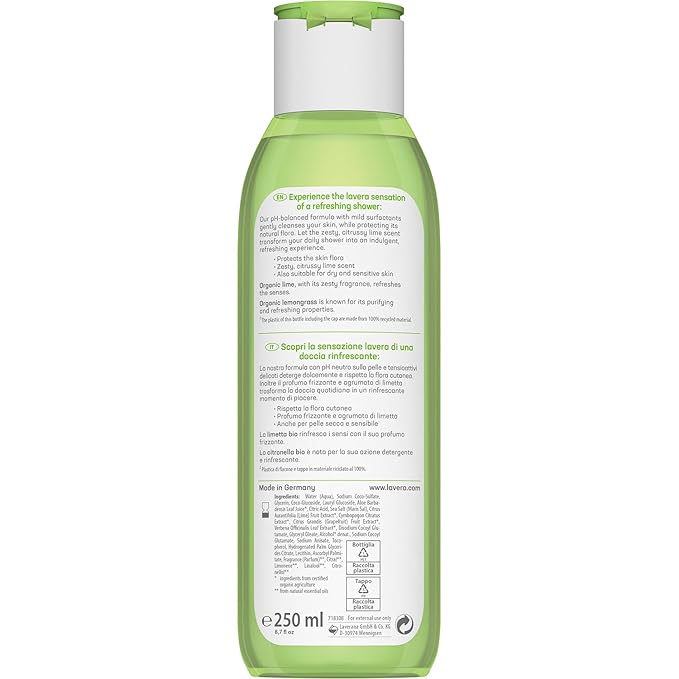 lavera Body Wash Refreshing - gentle cleansing with lime & lemongrass - pH-neutral - for dry & sensitive skin - PETA certified - vegan - natural cosmetics - 8.45 fl.oz.