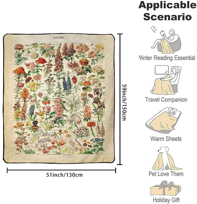 Vintage Flowers Throw Blanket 59”x51” Long Vertical Reference Illustrative Botanical Throws for Bedroom Aesthetic Floral Blankets Botanical Plants Throw Blanket Cute Bedroom Decor