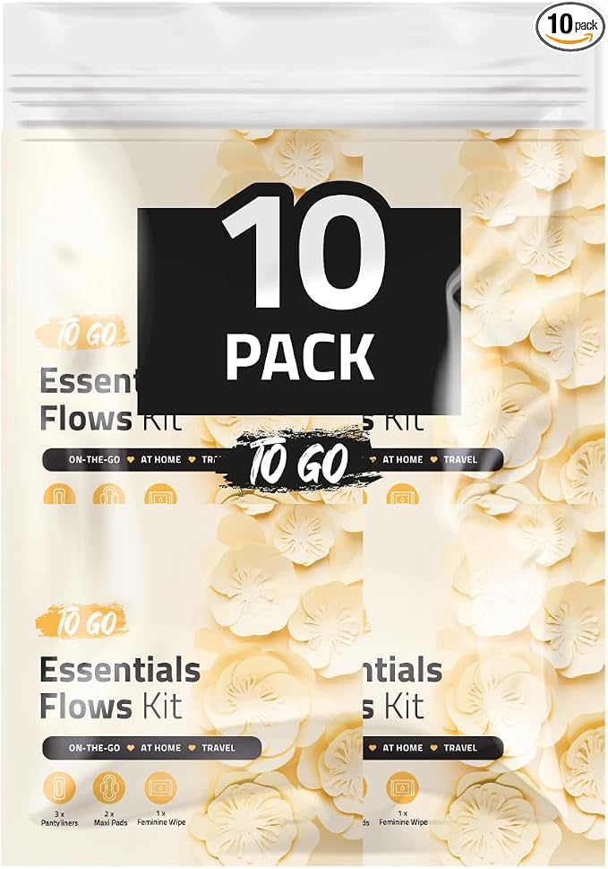 Essential Flows Period Kit (10 Pack) - 3 Pantyliners, 2 Maxi Pads & Feminine Wipe | Hygiene Essentials for School, First Period (Orange)