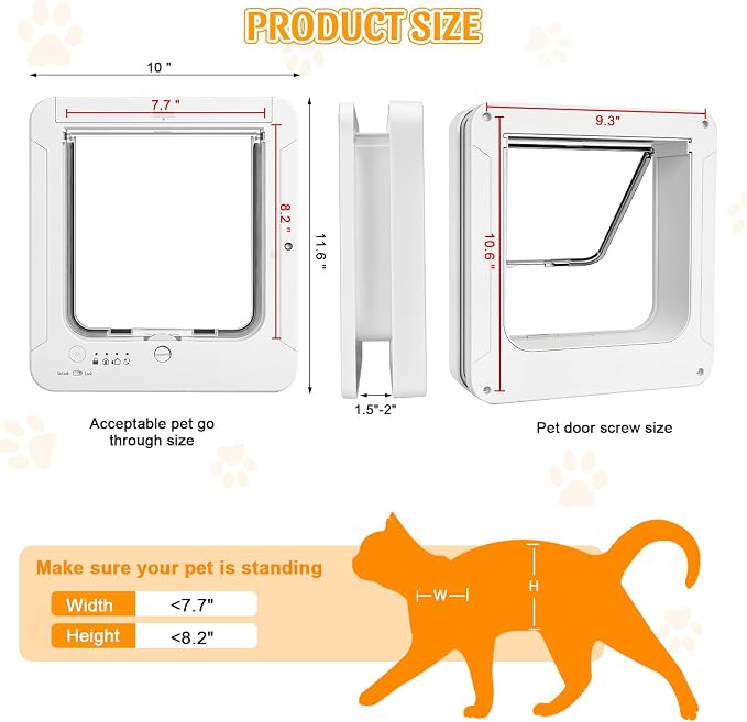 Smart Cat Door with 4 Collar Sensor Key, RFID Cat Door Collar Activated with Remote Control, 4 Way Locking Cat Flap Automatic Pet Door Interior & Exterior(White)