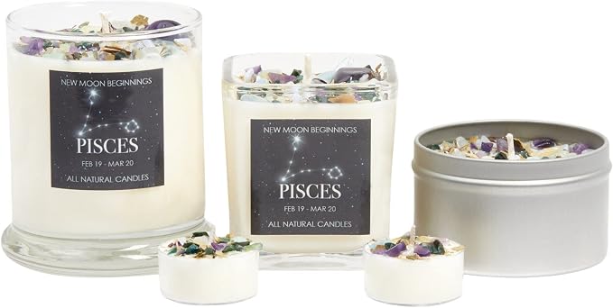 Pisces Zodiac Candle (Feb. 19 - Mar. 20) -Soy Candle - All Natural Aromatherapy Candle - Pisces Horoscope Candle - Crystal Candles - 8 oz Tin