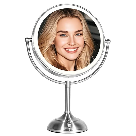 VESAUR 11" Large and 17" Tall Lighted Makeup Mirror, Double Sided 1X 10X Magnifying 3 Colors with Lights, Brightness Adjustable 360° Rotation Cosmetic Light up Mirror, Luxury Nickel