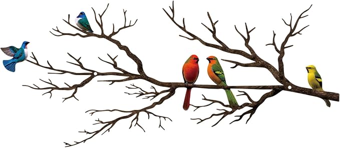 ESTART Metal Birds Wall Art, Metal Vivid Birds on Branch Silhouette Wall Decor Black Leaves with Bird Outdoor Hanging Wall Sculpture for Home Balcony Garden (Vintage Color, Small)