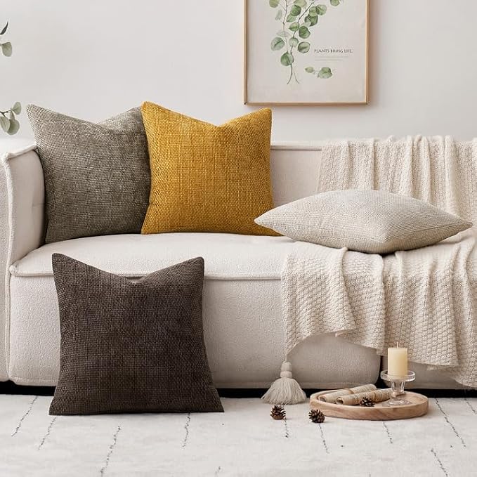 MIULEE Decorative Chenille Fall Pillow Covers Gold Brown 20x20 Pack of 4 | Rustic Home Decor, Earth Tones Set, Couch Throw Pillows, Farmhouse Boho Cushion Covers for Sofa Bed Living Room