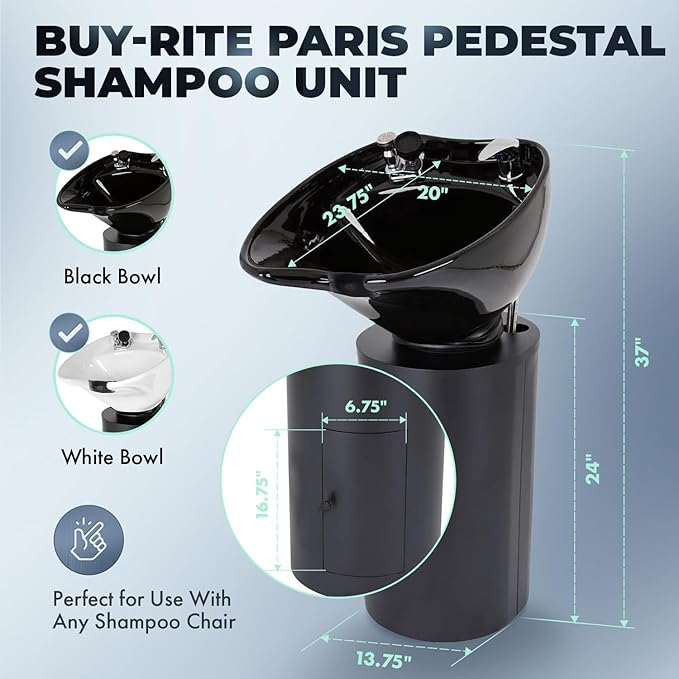 Buy-Rite Paris Pedestal Shampoo Unit - Tilting Porcelain Bowl with Black Metal Base, Silicone Neckrest, Rear Plumbing Access Door, Complete Hardware & Vacuum Breaker Included, NIN-030BLACKBASE-BLK
