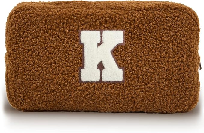 Cute Makeup Bag, Initial Cosmetic Bag, Fuzzy Makeup Bags for Women, Brown Makeup Pouch with Chenille Letter, Monogrammed Gifts for Women, Brown K