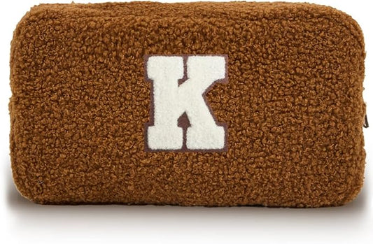 Cute Makeup Bag, Initial Cosmetic Bag, Fuzzy Makeup Bags for Women, Brown Makeup Pouch with Chenille Letter, Monogrammed Gifts for Women, Brown K