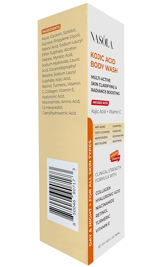 Nasola Kojic Acid Body Wash – Turmeric & Vitamin C Brightening Cleanser, Moisturizing Exfoliating Shower Gel for Women & Men – 11.8 fl oz