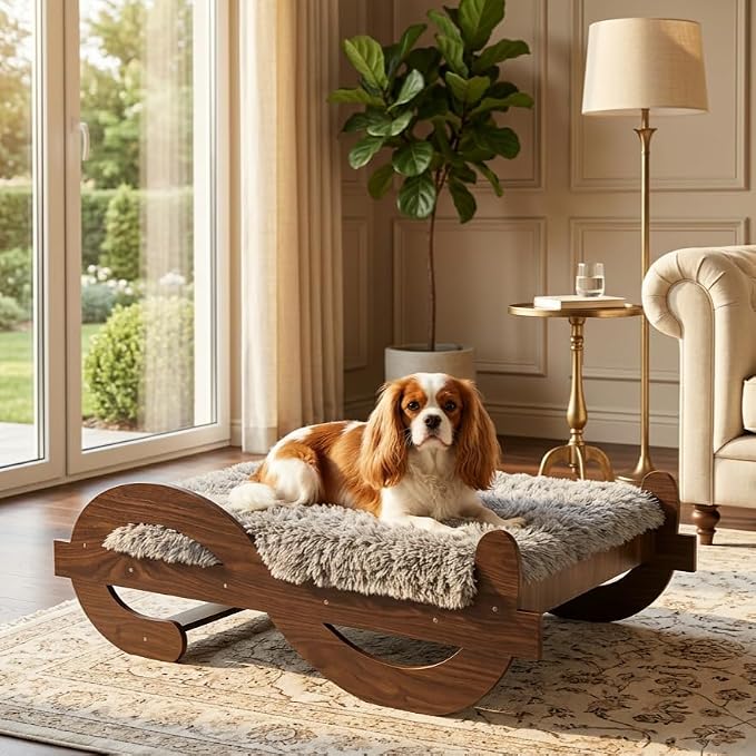 Wooden Elevated Dog Bed with Plush Mattress,M, Up to 60 lb | Raised Dog Bed Furniture with Walnut GrainPattern Frame, Designer Pet Sofa for Indoor Home Decor