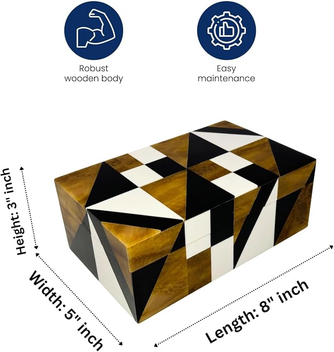 Perilla Home Home Decor Decorative Storage Wooden Box Small Geometric Organizer Tool Stash Card Craft Trinket Memory Keepsake Jewelry Box for Men and Women, Gifts For All, Brown, Black and Off White