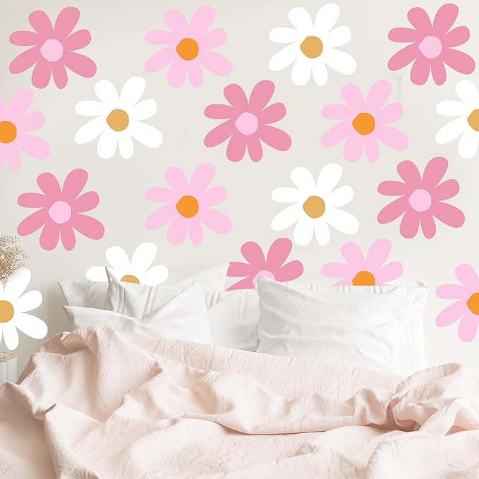 TaoBary 12 Sheet Daisy Wall Sticker Decal,Classic Color,Delicate Style | Big Flower Wall Sticker, Pink White Floral Decal, Daisy Bedroom Room Decor, Removable Peel and Stick, Nursery Home Wall Decor