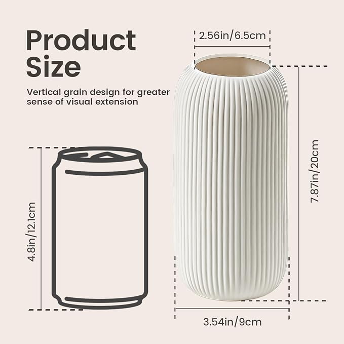 Bohemian White Ceramic Vase - for Pampas Grass, Mantel, Bookshelf, Entryway and Living Room Decor (White, 8in-Pill)