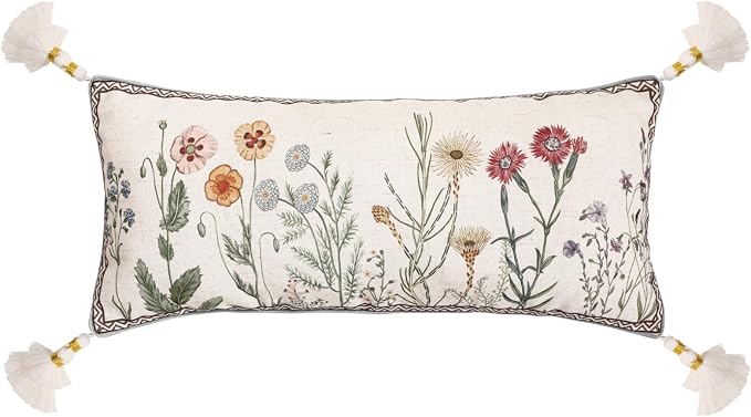Designer Vintage Linen Throw Pillow Cover,28"x12"-Serenity D | French Elegant Rectangle Decor Pillow Cover,Concealed Zipper Design,Light Beige,Sofa,Bedroom,Living Room,Chairs