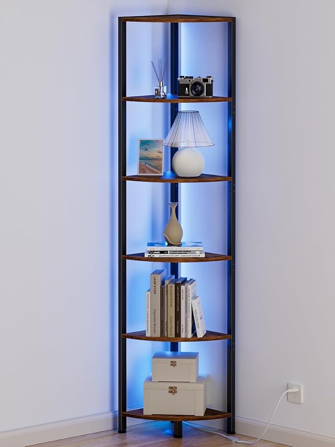 6 Tier Corner Shelf with LED Light, 67.5" Corner Narrow Bookshelf | Tall Standing Shelf Organizer, Storage Rack for Wall Corner, Living Room, Bedroom, Metal Frame, Wood Display Shelf