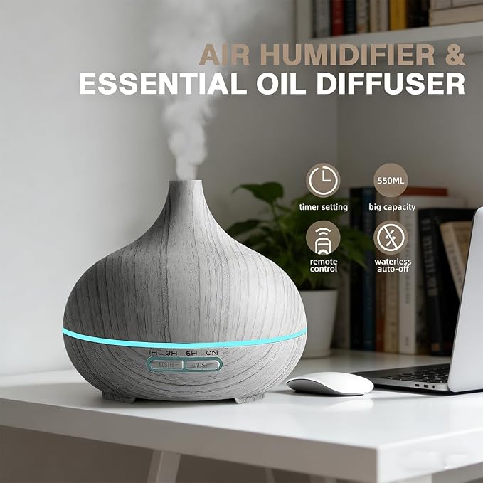 550ml Large Capacity Essential Oil Diffuser with 6 Aromatherapy Oils,Humidifier for Home Decor,Diffuser with Remote Control,7 Color LED Light for Yoga Gym Office Decoration (White Wood Grain)