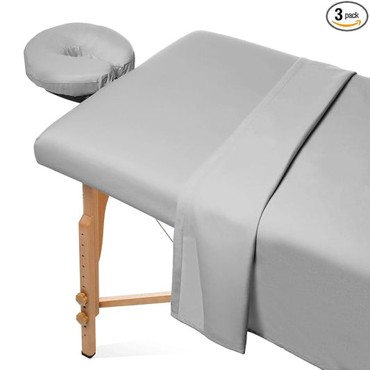 Saloniture 3-Piece Microfiber Massage Table Sheet Set - Premium Facial Bed Cover - Includes Flat and Fitted Sheets with Face Cradle Cover - Light Gray