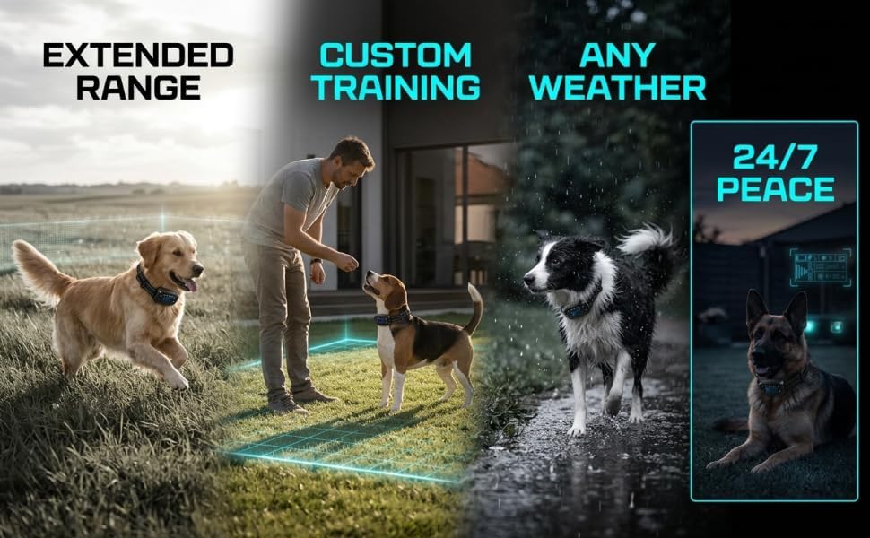 GPS E-Fence Collar, Wireless Dog Collar Fence System with 3 Correction Modes, 0.018-1.2 Miles / 30-2000 m Safety Distance, Bark Trainer for Pet Training, IPX6 Waterproof ABS, Black, 1000mAh Battery