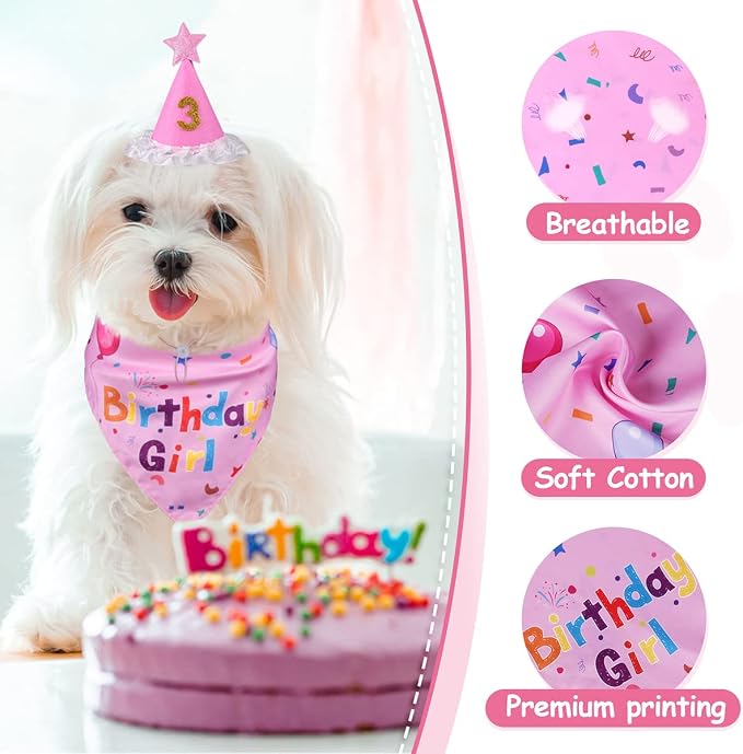 Dog Birthday Decorations,Dog Birthday Hat with Numbers,Dog Bandana | Dog Birthday Bandana for Large Medium Small,Pet Supplies (Pink), Dog Birthday Party, Soft, Breathable, Long-Lasting