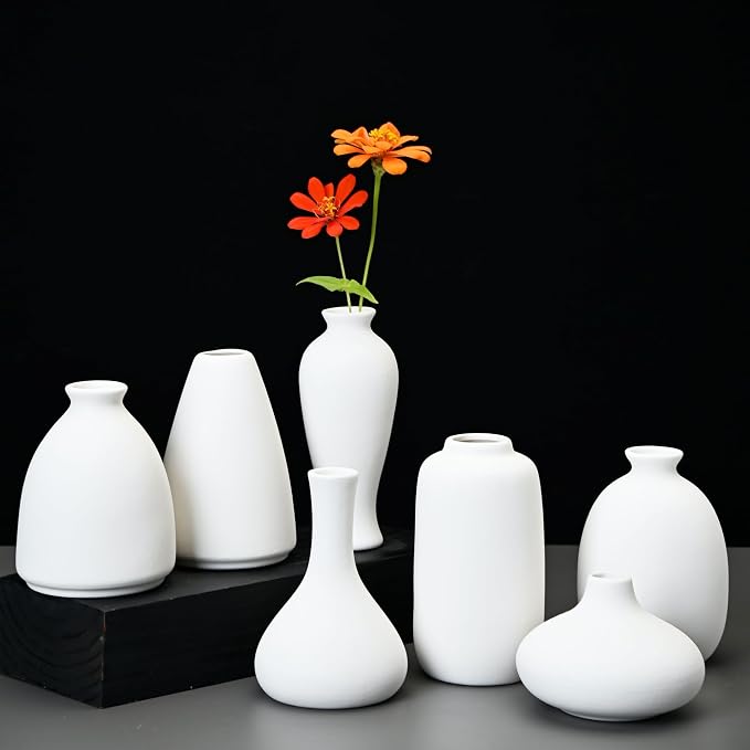 Set of 9 Ceramic Bud Vases for Pampas Grass Flowers, Small Vases in Bulk for Centerpieces Boho Vases for Wedding Decorations Neutral Living Room and Bedroom Decor DIY Gift (White)