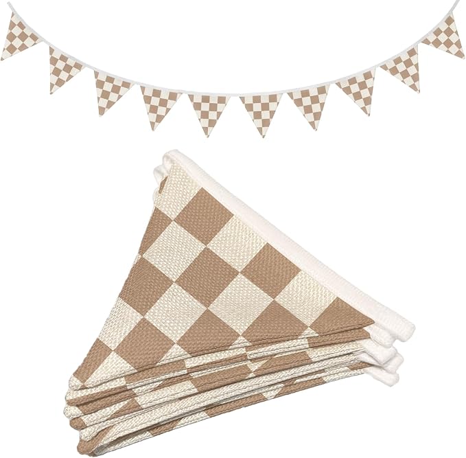 Boys Room Wall Art Decor,Cars Room Decor for Toddler Nursery Playroom,Brown and White Checkered Garland Pennant Banners,Racing Flags 11Ft Bunting Flags Fabric for Baby Shower Birthday Party