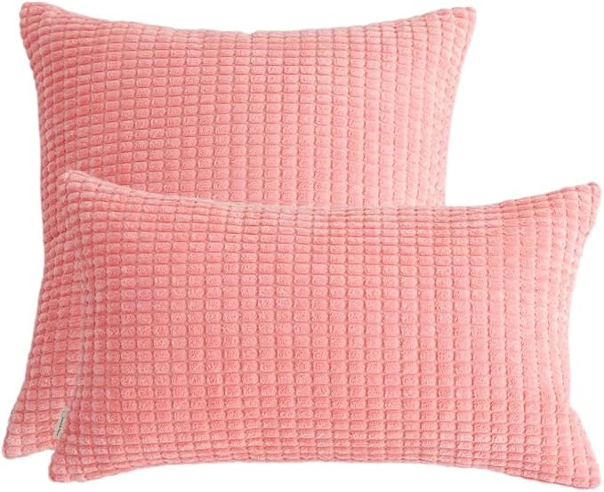 Pack of 2 Size bundel Polyester Blend Soft Hand Feeling Throw Pillows (with Insert) Size 18"x18" and 12"x20" one of Each (Light Pink)