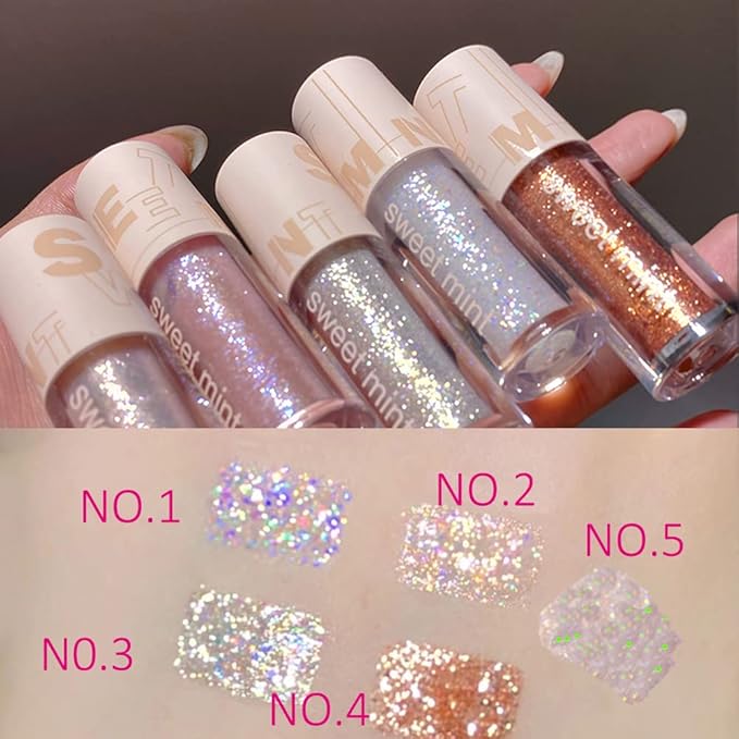 5pcs Liquid Glitter Eyeshadow set- Sparkling Metallic High Pigmented Glitter Eye Shadow Korean Crystals Makeup, Quick Drying Long Lasting Creates High-Impact Multi Dimensional Eye Looks