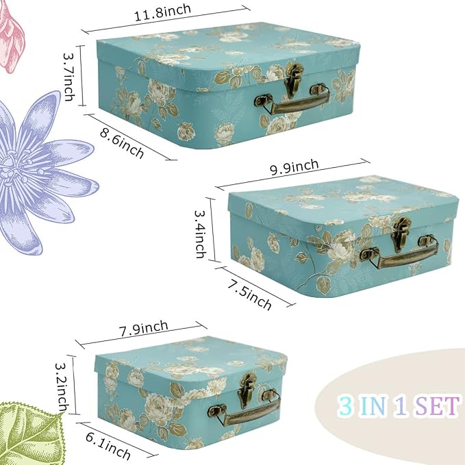 Decorative Box Set - 3 Storage Boxes with Lids, Keepsake & Trinket Boxes, Mini Luggage Gift Box, Vintage Suitcases Home Decoration
