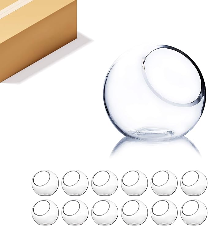 WGV Slant Cut Bowl Glass Vase Bulk, Width 5.5", Height 5.5", Clear Round Globe Planter Terrarium Orb, Candy Dish, Fruit Jar, Floral Container for Home Office Decor, 12 Pieces