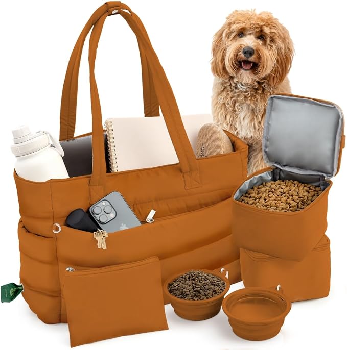 Rubyloo Puffer Dog Travel Bag for Dog Moms, Diaper Bag with Travel Bowls
