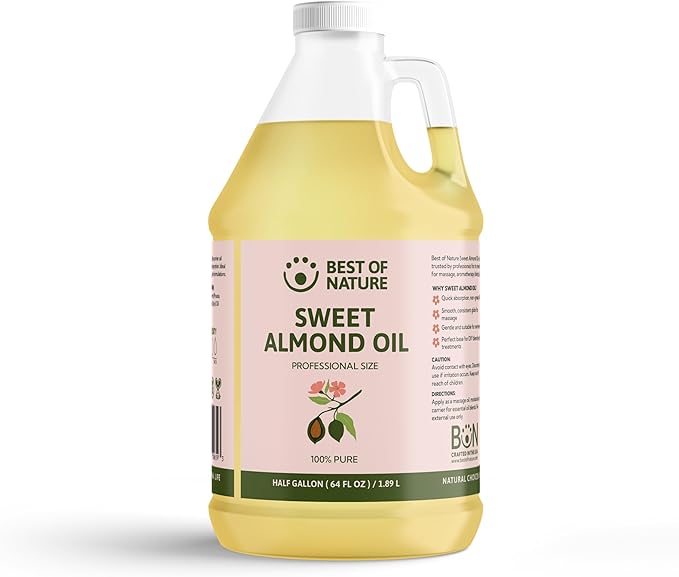 Best of Nature 100% Pure Sweet Almond Oil – Moisturizing Massage & Body Oil, Unscented for Hair, Skin, Face, Soap Making, Aromatherapy, Ideal Carrier for Essential Oils, Half Gallon (64 fl oz)