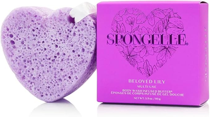 SPONGELLÉ Lily Heart Buffer – Exfoliating Sponge & Body Wash Infused with Lily Fragrance – Ideal for Valentine's & Mother's Day Gifts