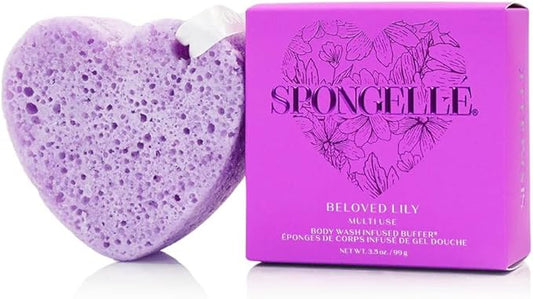SPONGELLÉ Lily Heart Buffer – Exfoliating Sponge & Body Wash Infused with Lily Fragrance – Ideal for Valentine's & Mother's Day Gifts