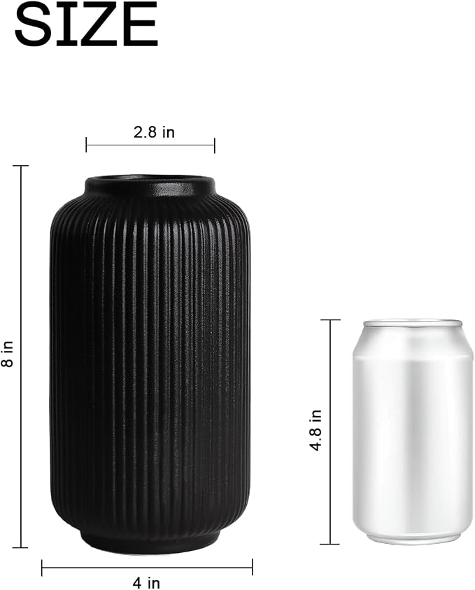Black Ceramic Vase, 8 Inch Modern Flower Vase for Bouquet and Pampas Grass, Matte Frosted Large Opening Decorative Vase for Farmhouse Table, Shelf Decor