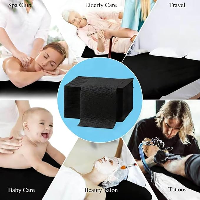 100Pcs Disposable Bed Sheets 31.5"x71"Coated Non-Woven Massage Table Sheets,Waterproof & Oil-Proof,Hygienic & Comfortable for Massage,Tattoo,Beauty,Spa,Breathable & Durable(Black)