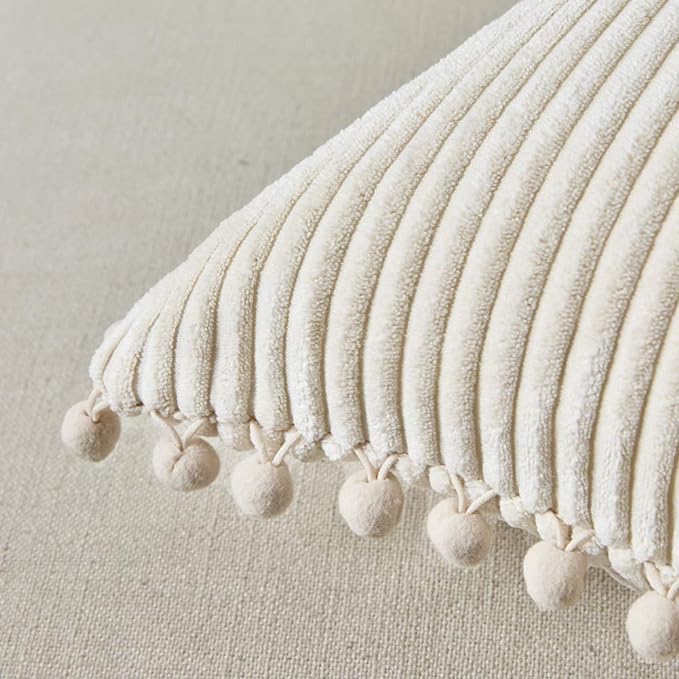 Fancy Homi Set of 2 Cream Decorative Throw Pillow Covers 12x12 Inch with Pom-poms for Couch Bed Sofa, Modern Farmhouse Boho Home Decor, Soft Plush Corduroy Cute Cushion Case 30x30 cm